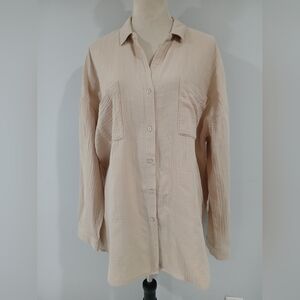 Magaschoni Button Up Organic  Cotton Shirt Dress Taupe Gauze Roll Tap Sleeve L